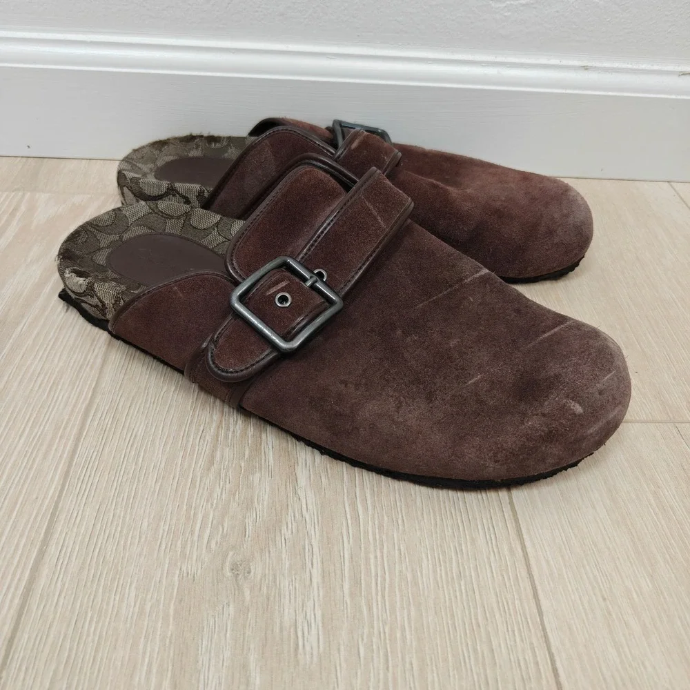 Coach Mens Clogs 12 Brown Suede Buckle Strap Monogram Gorpcore Luxury